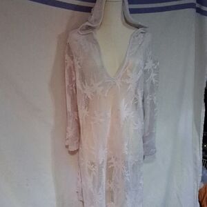 White Sheer Cover-Up with Leaf Pattern